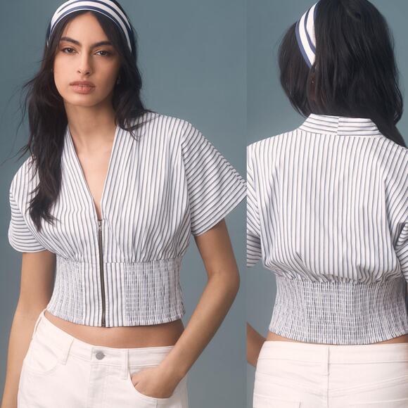 Anthropologie Maeve Tommie short sleeve zip front blouse smocked Striped Small - Picture 2 of 9